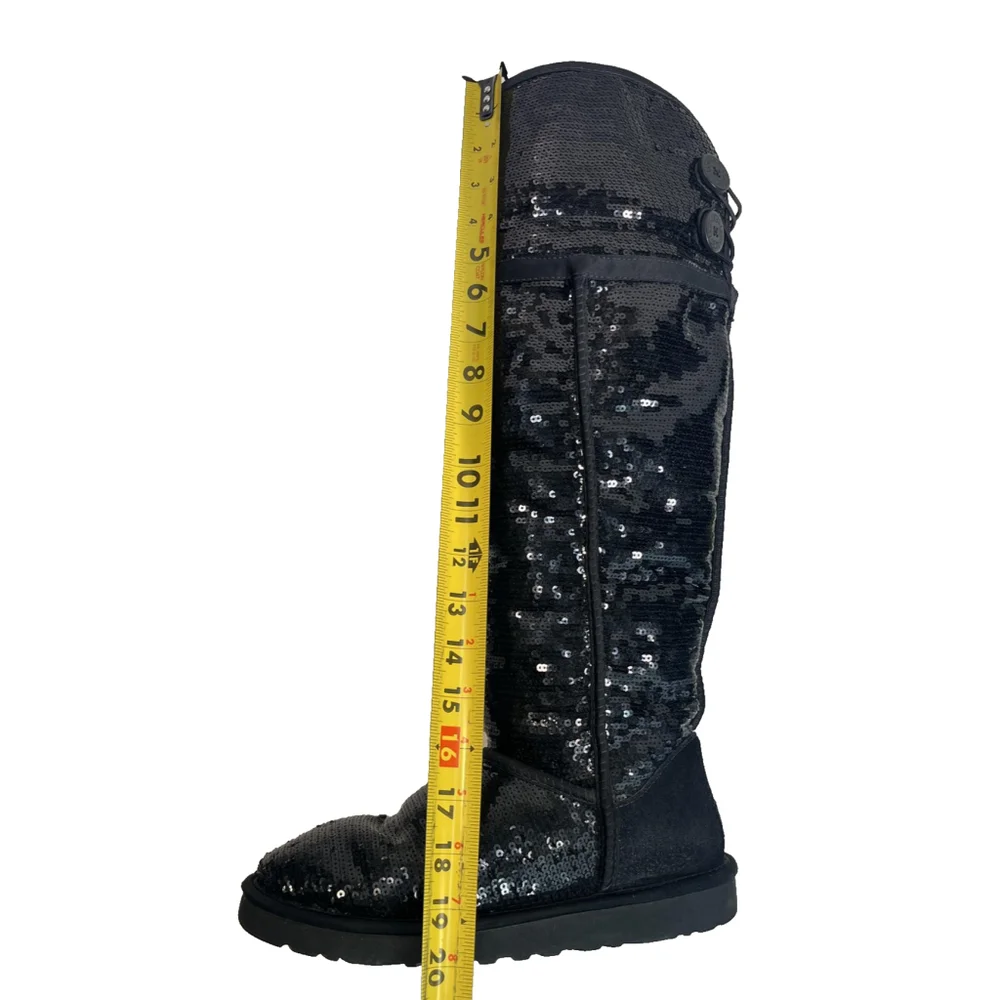 UGG Black Tall Over Knee High Sequin Shearling Button‎ Boots Womens Size 7 Rare
